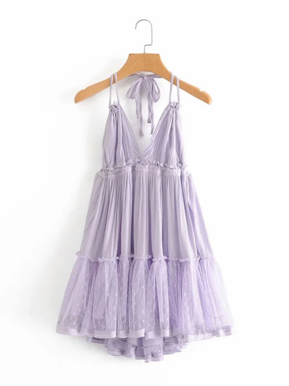 Women's Bow-Back Lacing Halter Collar Mesh Pleated Mini Dress