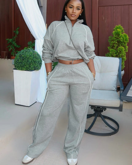 2-Piece Women's Set Zip Polo-Neck Sweater with Drawstring Pants