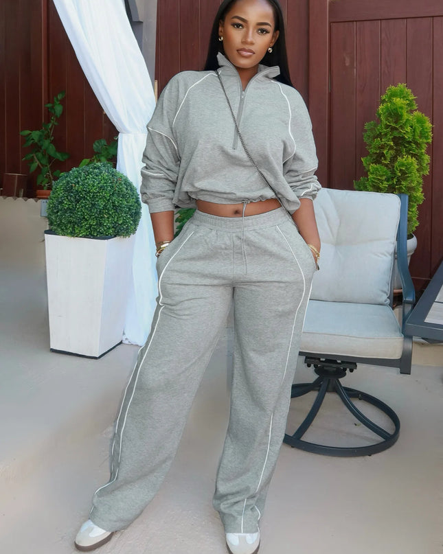 2-Piece Women's Set Zip Polo-Neck Sweater with Drawstring Pants