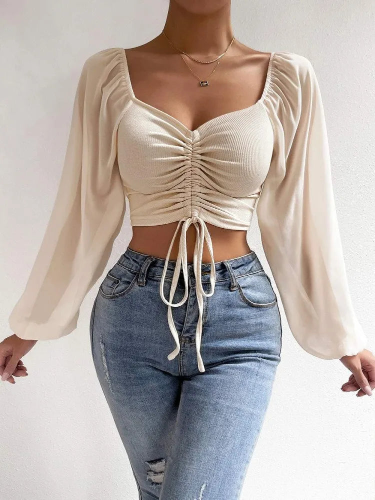 Drawstring Wrap Chest Long Sleeve Blouse for Women - Various Colors