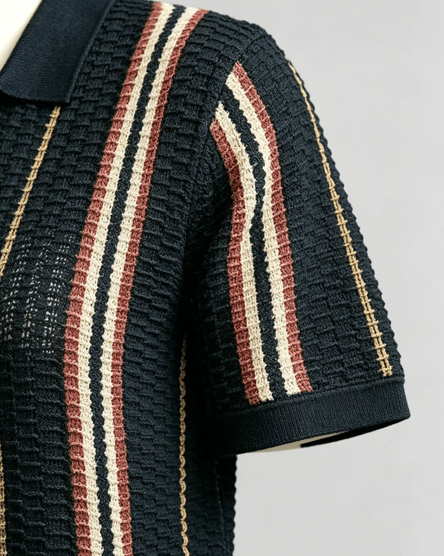 Men's Retro Style Striped Knit Polo Shirt - Casual Classic