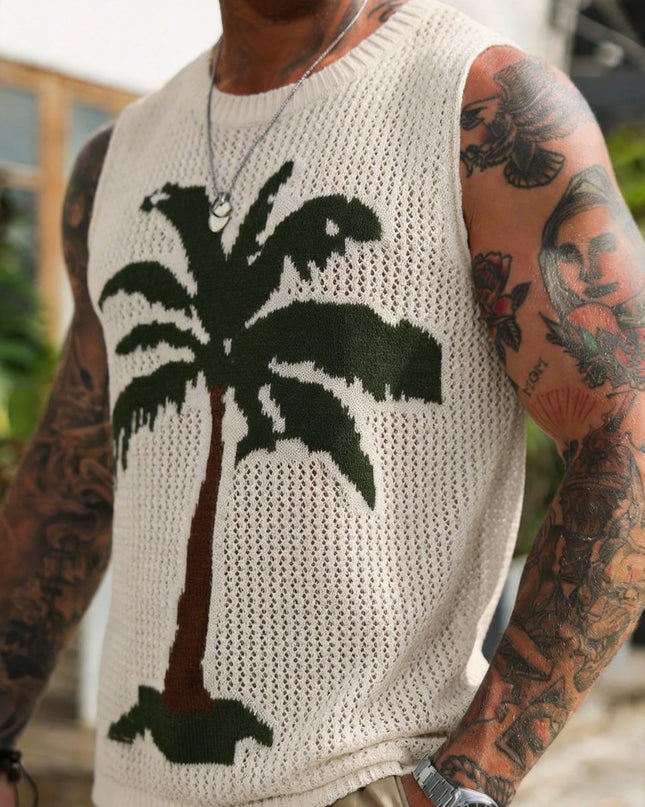 Men's Crochet Knit Vest with Palm Tree Print and Hollow Design