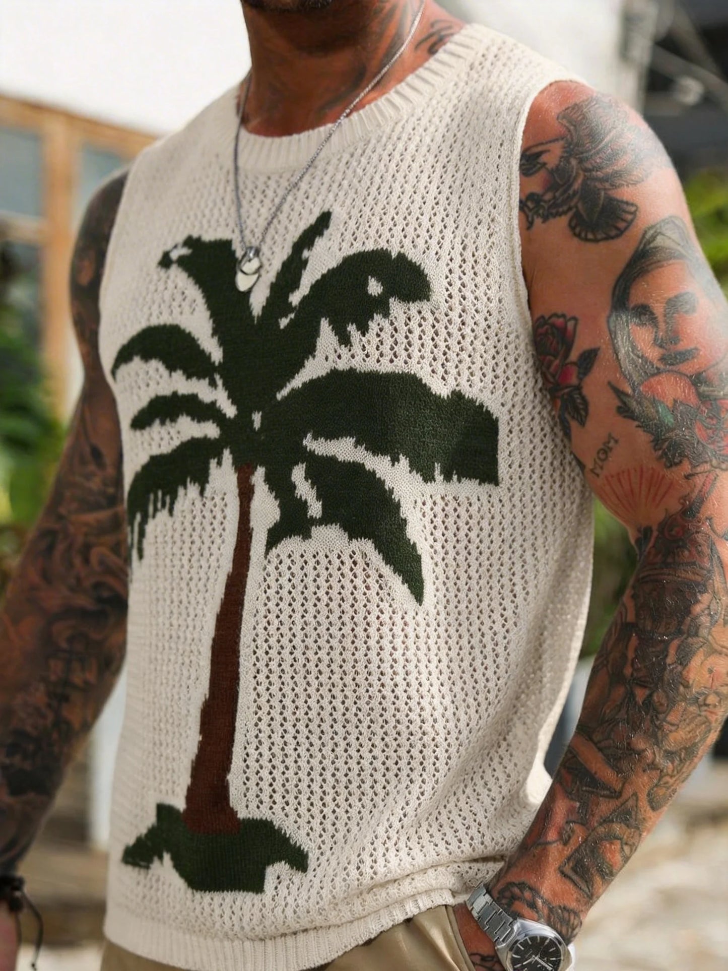 Men's Crochet Knit Vest with Palm Tree Print and Hollow Design