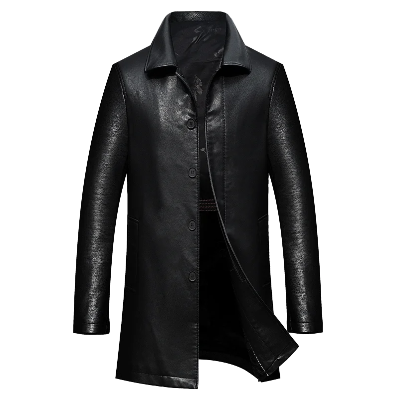 Men's Long Faux Leather Trench Coat with Lapel - Stylish & Durable Leather Outerwear for Men