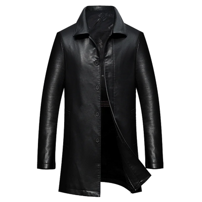Men's Long Faux Leather Trench Coat with Lapel - Stylish & Durable Leather Outerwear for Men