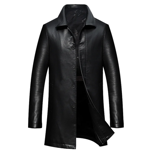Men's Long Faux Leather Trench Coat with Lapel - Stylish & Durable Leather Outerwear for Men