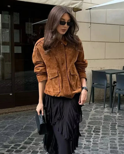 Stylish Women's Faux Suede Bomber Jackets with Zipper
