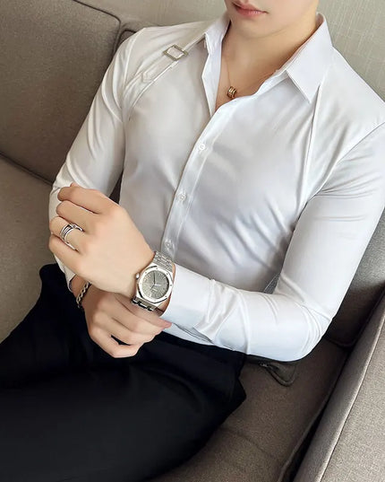 Strap-Detail Long Sleeve Slim Fit Casual Shirt For Men