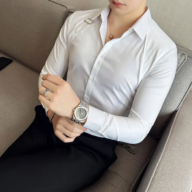Strap-Detail Long Sleeve Slim Fit Casual Shirt For Men