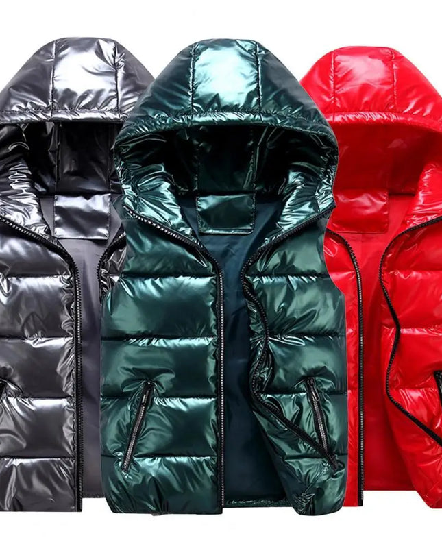 Women's Glossy Hooded Vest Jacket with Zipper Pockets - Classic Fit
