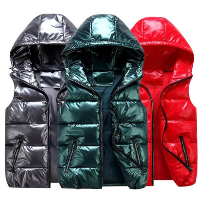 Women's Glossy Hooded Vest Jacket with Zipper Pockets - Classic Fit