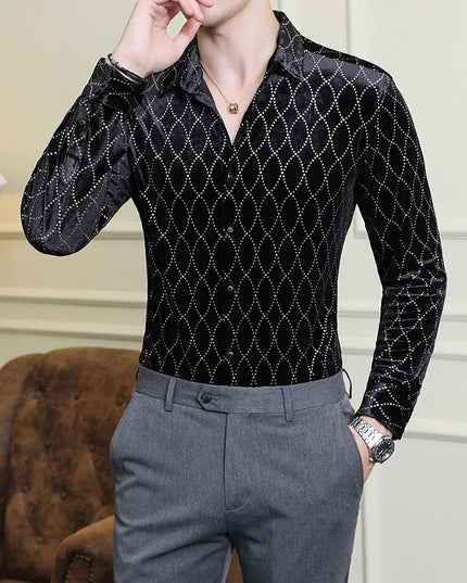 Luxury Velvet Men's Slim Fit Shirt with Grid Pattern