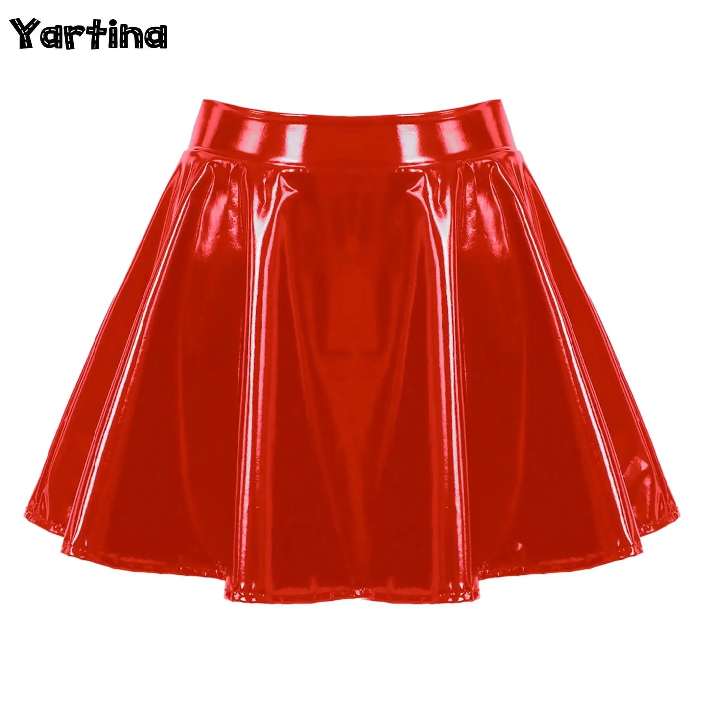 Women's Glossy Faux Leather Pleated Flared Mini Skirt 