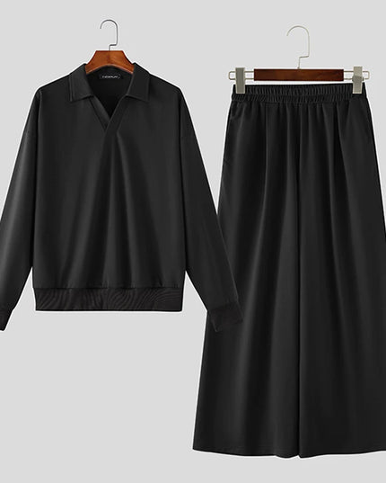 INCERUN Men’s Two-Piece Set with Long-Sleeve Sweatshirt and Wide-Leg Pants