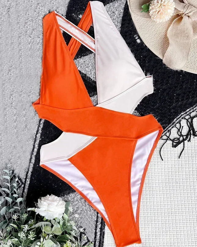 Women's Deep V Neck Cross Backless One-Piece Swimsuit - High Cut, Stylish & Flattering Swimwear