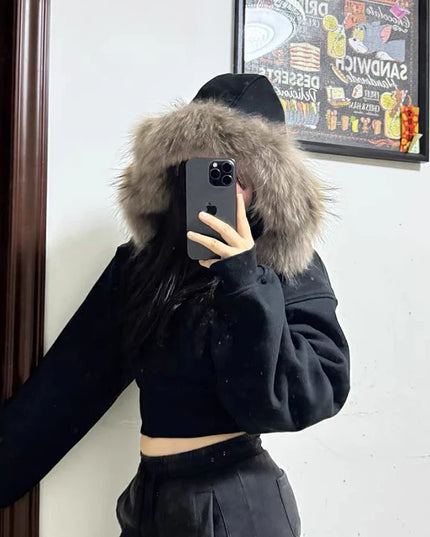 Women's Faux Fur Collar Cropped Zipper Hooded Jacket