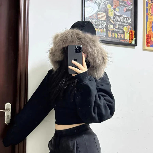 Women's Faux Fur Collar Cropped Zipper Hooded Jacket
