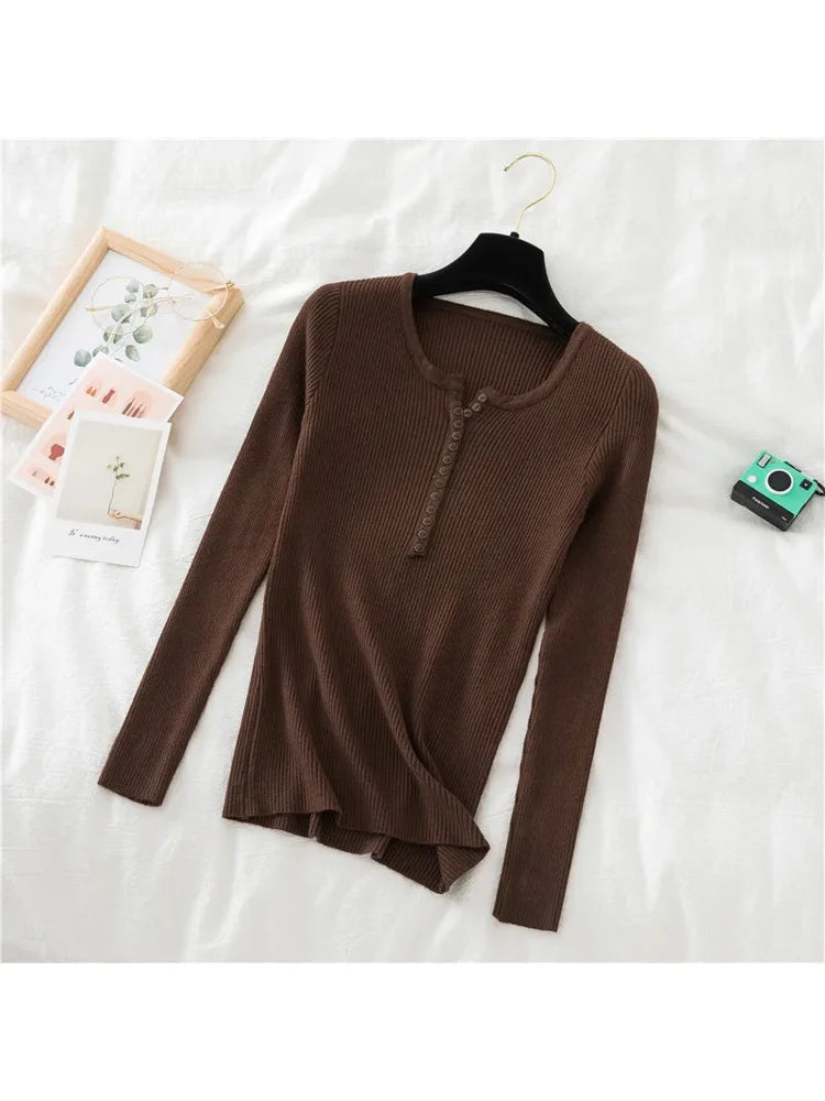 Women's Slim Fit Long Sleeve Knitted Sweater with Elastic Fit