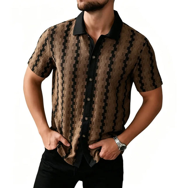 Men's Knit Short Sleeve Shirt with Vintage Plaid Pattern and Breathable Fabric