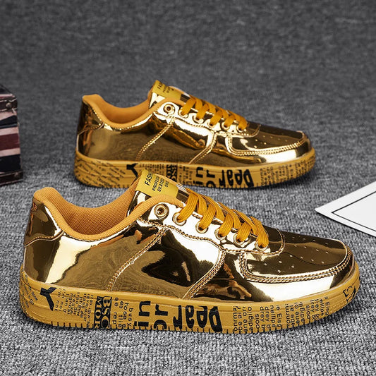 Gold sneakers with text pattern on a textured surface