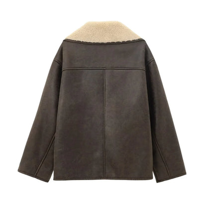 Women's Cozy Faux Leather Jacket with Fleece Collar