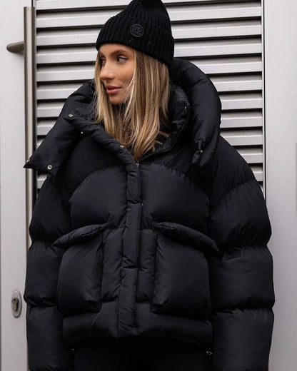 Women's Hooded Puffer Jacket with Stand Collar and Zipper Closure