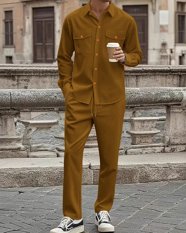 Men's Two-Piece Corduroy Casual Suit – Long-Sleeved Shirt and Long Pants Set