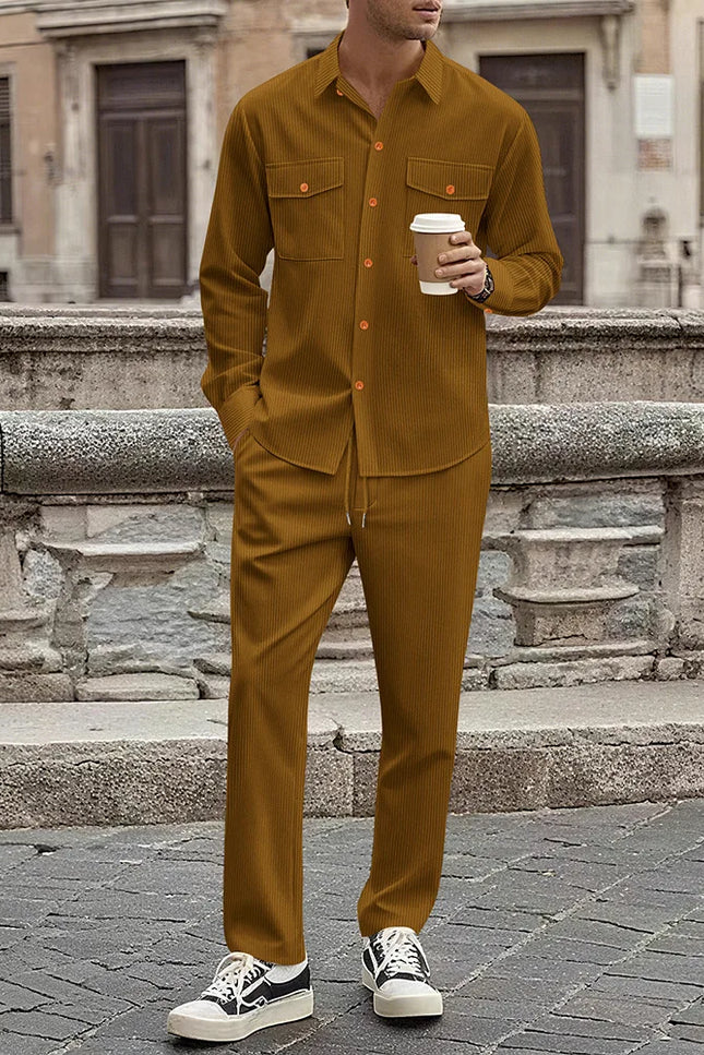 Men's Two-Piece Corduroy Casual Suit – Long-Sleeved Shirt and Long Pants Set