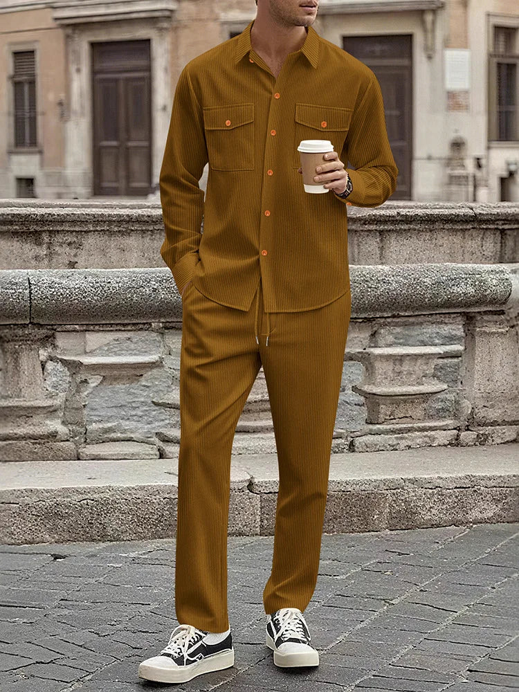 Men's Two-Piece Corduroy Casual Suit – Long-Sleeved Shirt and Long Pants Set