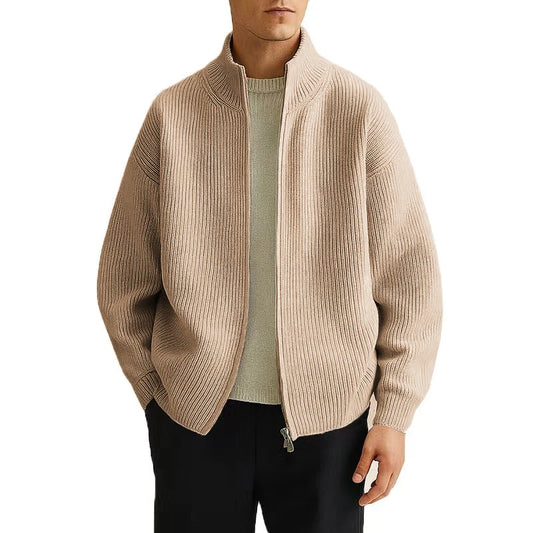 Men's Full Zip Cardigan Sweater with Mock Neck - Ribbed Knitted Men's Casual Sweater