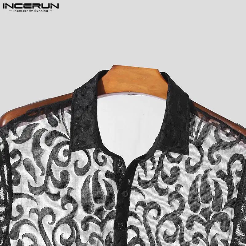 Incerun Men's Short Sleeve Shirt with Lace Lapel and Transparent Design