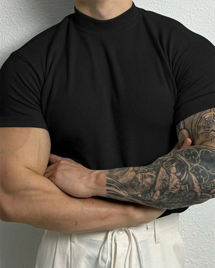 Men's Slim Fit Short Sleeve T-Shirt with High Collar and Stripe Design