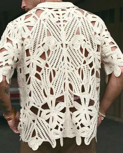 Retro Crochet Men's Shirt with Floral Knit Mesh Design