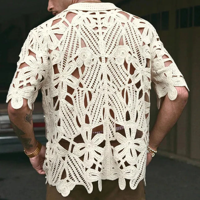 Retro Crochet Men's Shirt with Floral Knit Mesh Design