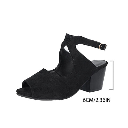 Women's Ankle Wrap Flock Sandals with Cross Straps, Thick Sole, Square Heel, and Non-Slip