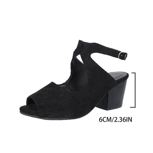 Women's Ankle Wrap Flock Sandals with Cross Straps, Thick Sole, Square Heel, and Non-Slip