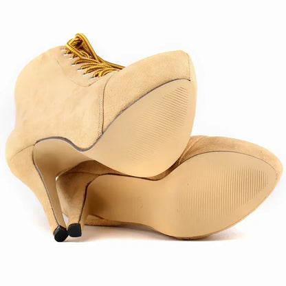 Women's Platform Boots with Side Zipper - High Heels With Lace-Up Design