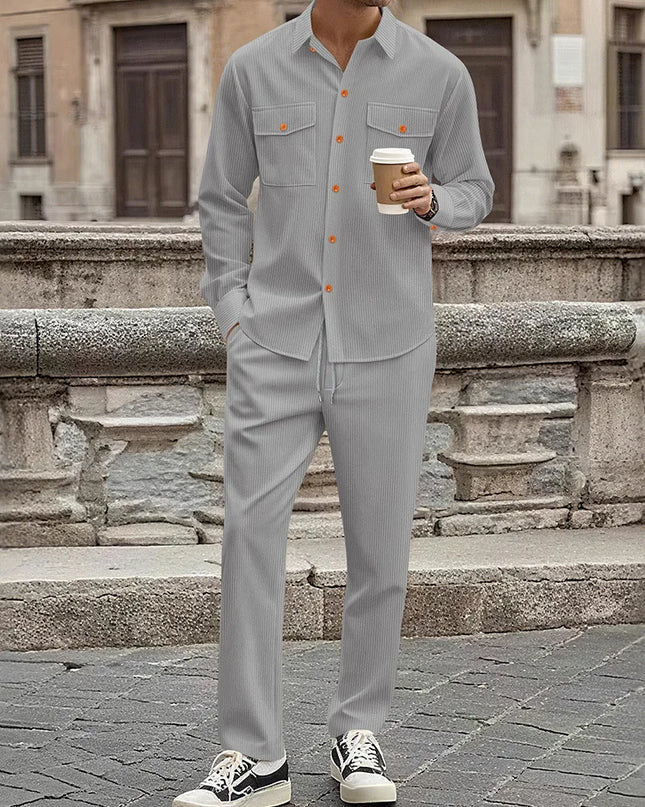 Men's Two-Piece Corduroy Casual Suit – Long-Sleeved Shirt and Long Pants Set