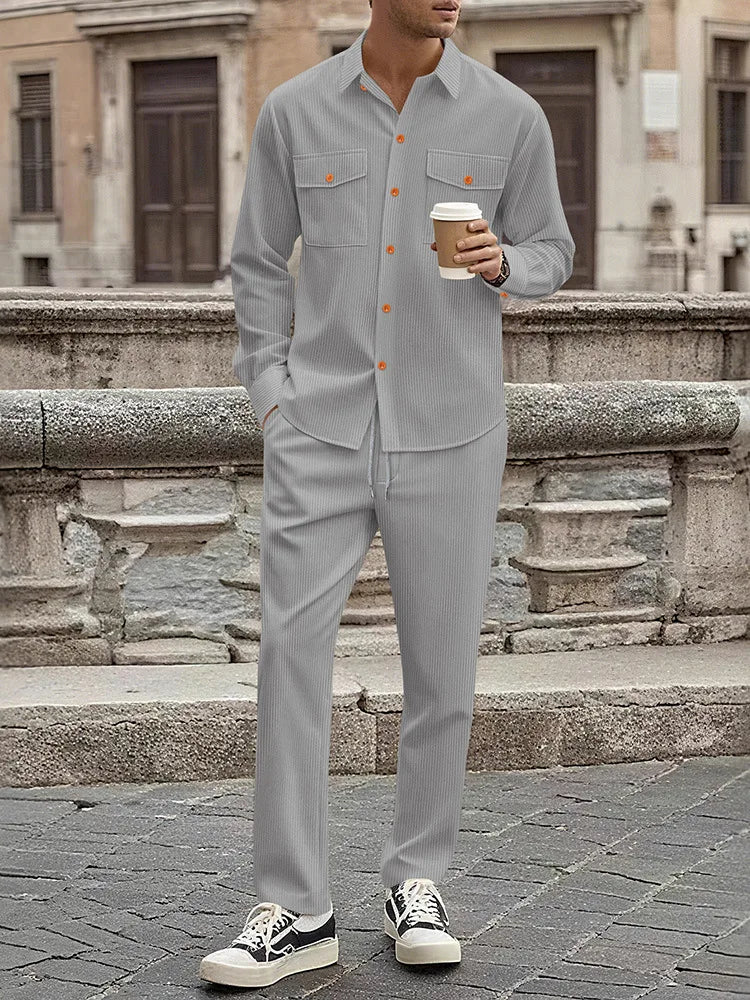 Men's Two-Piece Corduroy Casual Suit – Long-Sleeved Shirt and Long Pants Set