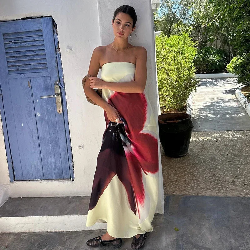 Women's Floral Off-Shoulder Strapless Backless Maxi Dress – Loose Fit