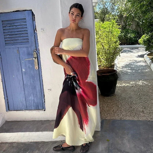 Women's Floral Off-Shoulder Strapless Backless Maxi Dress – Loose Fit