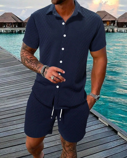Men's Textured Two-Piece Short Sleeve Shirt and Drawstring Shorts Set