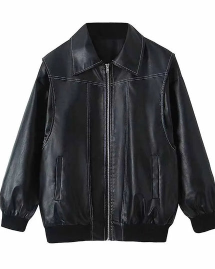 Women's Zipper PU Leather Jacket with Stitch Lapel - Loose Fit
