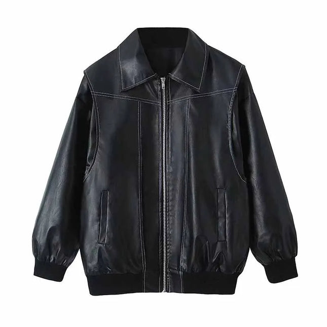 Women's Zipper PU Leather Jacket with Stitch Lapel - Loose Fit