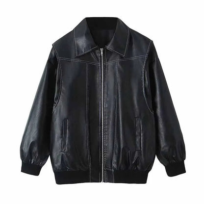 Women's Zipper PU Leather Jacket with Stitch Lapel - Loose Fit