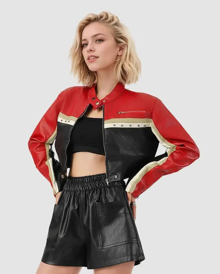Stylish Women's Cropped PU Leather Biker Jacket