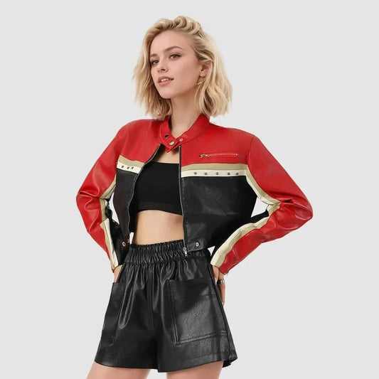 Stylish Women's Cropped PU Leather Biker Jacket