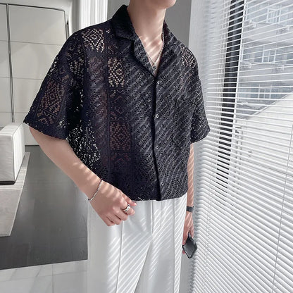 Retro Breathable Hollow Lace Collar Shirt for Men