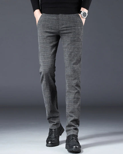 Men's Slim Fit Brushed Cotton-Linen Straight Plaid Trousers