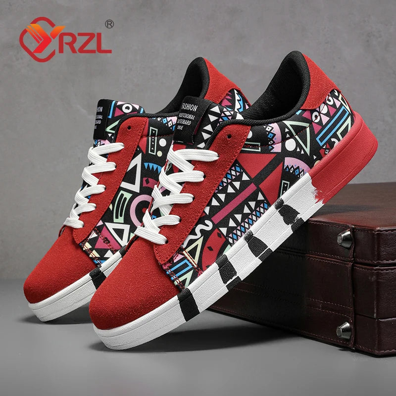 YRZL Men's Canvas Sneakers - Geometric Style Lace-Up Casual Shoes with Graffiti Design